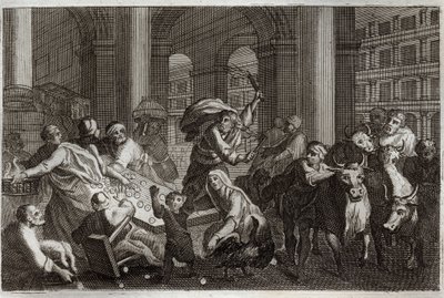Biblia de Royaumont, Nuevo Testamento: Expulsión de los vendedores del Templo. Jesucristo expulsa del Templo a aquellos que lo profanaban con su comercio. Ilustración de 1811 de Unknown artist