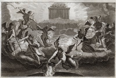 Biblia de Royaumont, Nuevo Testamento: Siete Ángeles tocando las trompetas del Apocalipsis después de la apertura del séptimo sello del libro por el Cordero. Otro ángel toma un incensario, lo llena con el fuego del Altar y lo arroja sobre la tierra. Ilustr de Unknown artist