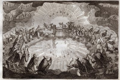 Biblia de Royaumont, Nuevo Testamento: Siete sellos del libro abiertos por el Cordero. Los veinticuatro ancianos postrados ante el trono rodeado por un león, un buey, un hombre y un águila (tetramorfos) y siete lámparas. Ilustración de 1811 de Unknown artist
