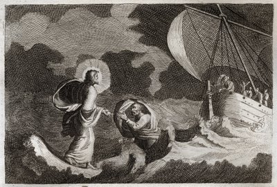 Biblia de Royaumont, Nuevo Testamento: San Pedro camina sobre el agua. Jesucristo camina sobre el mar y hace que San Pedro camine sobre él. Ilustración de 1811. de Unknown artist