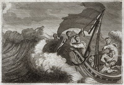 Biblia de Royaumont, Nuevo Testamento: Tempestad apaciguada. Los apóstoles son sorprendidos por una tormenta, despiertan a Jesucristo que dormía en su barco, y él calma el Mar de Galilea. Ilustración de 1811. de Unknown artist