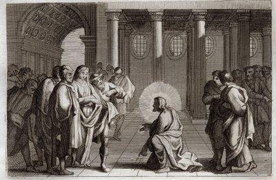 Biblia de Royaumont, Nuevo Testamento: La Mujer Adúltera. Jesucristo se desvía divinamente de las trampas que los judíos le tendieron, preguntándole qué se debía hacer con una mujer sorprendida en adulterio, diciendo, “El que de vosotros esté sin pecado, q de Unknown artist