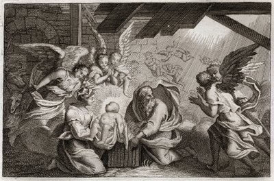Biblia de Royaumont, Nuevo Testamento: La Natividad. Jesucristo nació de la Santísima Virgen María en un establo en Belén. Ilustración de 1811. de Unknown artist