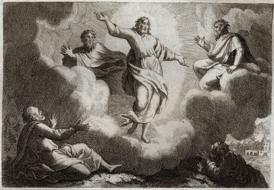 Biblia de Royaumont, Nuevo Testamento: La Transfiguración de Jesucristo. Cristo rodeado de Moisés y Elías con los apóstoles San Juan, Pedro y Santiago abajo. Ilustración de 1811. de Unknown artist