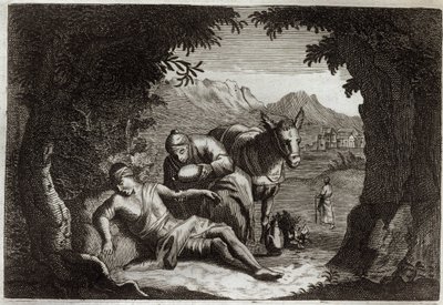 Biblia de Royaumont, Nuevo Testamento: La parábola del Buen Samaritano. El Samaritano se detiene en su camino para rescatar al hombre en apuros. Ilustración de 1811 de Unknown artist