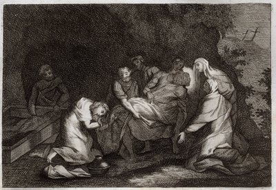 Biblia de Royaumont, Nuevo Testamento: Sepulcro. Sepulcro de Jesucristo. Entre los personajes que rodean el cuerpo de Jesucristo: la Virgen María, San Nicodemo, San José de Arimatea, San Juan Evangelista y Santa María Magdalena. Ilustración de 1811. de Unknown artist