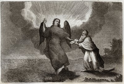 Biblia de Royaumont, Nuevo Testamento: Visión de San Juan. Visión del ángel con un libro abierto que da a San Juan para devorarlo. Ilustración de 1811. de Unknown artist
