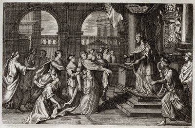 Biblia de Royaumont, Antiguo Testamento: Ester se presenta ante el rey Jerjes I (Asuero I), con la intención de salvar a su pueblo de la muerte que lo amenazaba. Ilustración de 1811. de Unknown artist