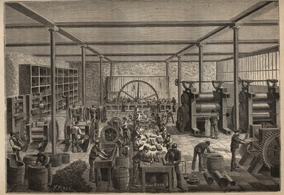 Caucho: fábrica de caucho. Grabado de 1885 en 