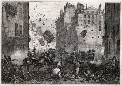 Rue Saint-Antoine durante las Tres Gloriosas (julio de 1830) - Revolución de 1830 Lucha en la barricada en Rue Saint-Antoine en 1830 de Unknown artist