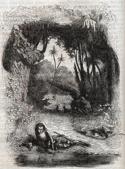 Ruggiero en la isla de Alcina - grabado de 1851 del poema Orlando furioso (1516) por Ludovico Ariosto - Edición traducida del italiano por el Conde de Tressan y publicada por Gustave Harvard 1851 de Unknown artist