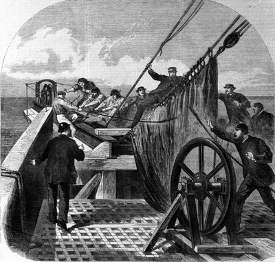 Ruptura del cable telegráfico transatlántico a bordo del barco Great Eastern convertido en un tendido de cable telegráfico transatlántico entre Europa y América, la ruptura del cable en 1865 de Unknown artist
