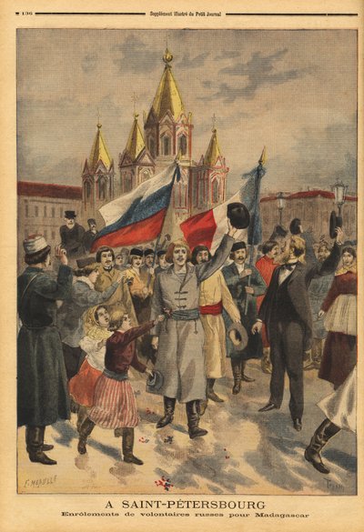 Voluntarios rusos en San Petersburgo para la expedición francesa a Madagascar. Grabado en "Le petit journal" 28/04/1895. Colección de Selva. de Unknown artist