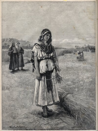 Rut trabajando en el campo de Booz (Rut y Booz) - grabado del cuadro de Druch-hajos de Unknown artist