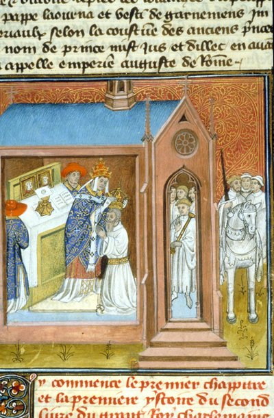 Coronación de Carlomagno (742 - 814) en 800 por el Papa León III. - Iluminación de manuscrito de la Edad Media (ref. 512, 089v) Solicitar permiso a la Biblioteca Municipal de Toulouse (tel: 05 62 27 66 66) de Unknown artist