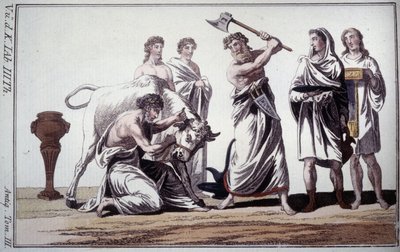 Sacrificio de un toro. Costumbre en la antigüedad romana. Grabado de principios del siglo XIX de Unknown artist
