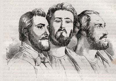 Saint-Simonianismo - Saint-Simonianos - Charles Duveyrier (1803-1866) - Émile Barrault (1799-1869) - Michel Chevalier (1806-1879) - Grabado de 1882 en “Histoire de dix ans: 1830-1840” Louis-Blanc (1811-1882) de Unknown artist