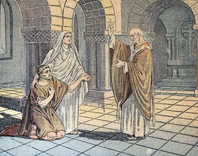 San Agustín de Hipona (354-430) y su madre santa Mónica frente a san Ambrosio (340-397) en Milán, 387 (San Agustín de Hipona con su madre santa Mónica frente a san Ambrosio de Milán, 387) Ilustración de "Le pelerin" 1933 Colección particular de Unknown Artist