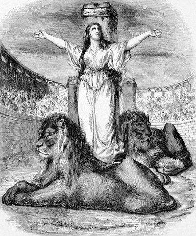 Santa Blandina, joven esclava cristiana, martirizada en el anillo de leones en Lyon en 177, grabado de Unknown artist