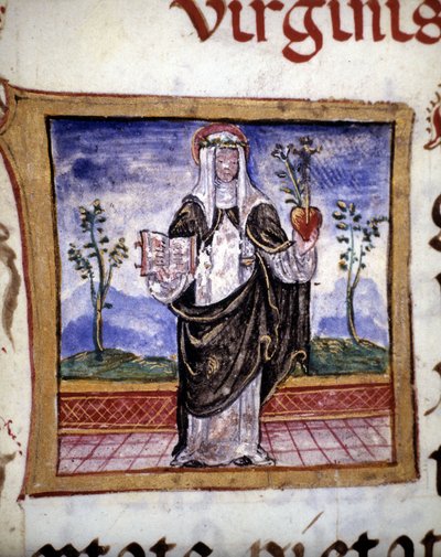 Santa Catalina de Siena (1347-1380) sosteniendo un libro y un corazón, miniatura del siglo XV de Unknown artist