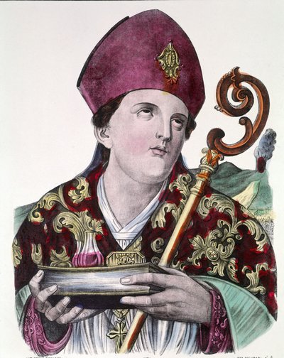 San Gennaro o San Jenaro, patrón de la ciudad de Nápoles, sosteniendo en sus manos la ampolla que contiene su sangre. Estampa popular coloreada del siglo XIX de Unknown artist