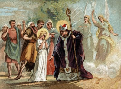 San Germán dio una medalla a Santa Genoveva (422-502), patrona de París. Cromolitografía alrededor de 1890 de Unknown artist