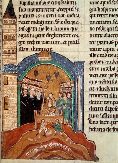 San Hugo de Cluny (1024-1109), abad de Cluny, rescata a un hombre muerto en París. Miniatura tomada de una colección histórica y litúrgica de Unknown artist