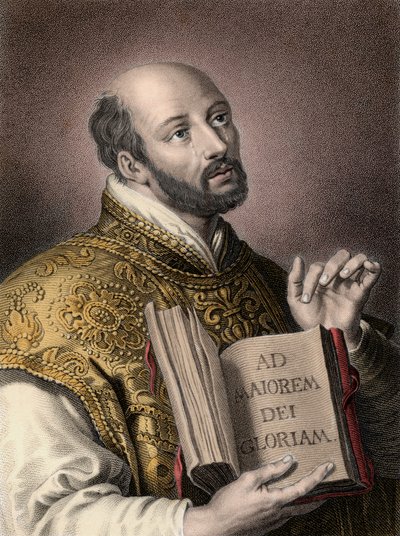 San Ignacio de Loyola (1491-1556), teólogo español, sosteniendo un libro con el lema latino de la Compañía de Jesús 