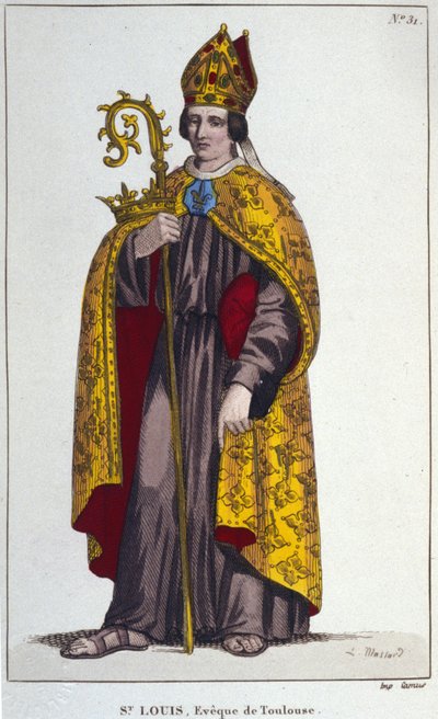 San Luis de Tolosa o San Luis de Anjou. Sobrino nieto de San Luis (1274 a 1297), obispo de Tolosa. Grabado de 1830 de Unknown artist