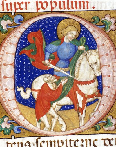 San Martín compartiendo su capa con un pobre, miniatura del siglo XV, Bibl. Nazionale Braidense de Unknown artist