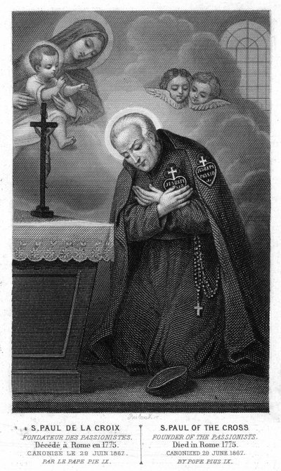 San Pablo de la Cruz, fundador de los Pasionistas decepcionado en Roma en 1775, canonizado el 29 de junio de 1867 por el Papa Pío IX. Grabado del siglo XIX. de Unknown artist
