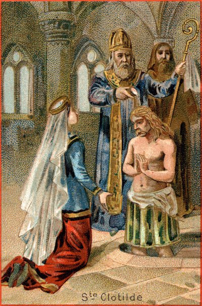 San Remi, obispo de Reims, bautizando a Clodoveo I (465-511), Rey de los Francos, 25 de diciembre de 496. A la izquierda, Santa Clotilde de Unknown artist