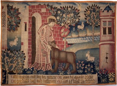 San Vaast y el oso. San Vaast, San Vedast o San Gaston (muerto en 540, obispo y santo patrón de Arras y su diócesis) doma al animal en las orillas del río Crinchon. Tapiz, segunda mitad del siglo XV. Museo de Bellas Artes de Arras de Unknown artist