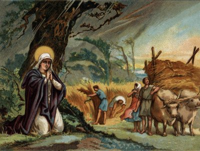 Santa Genoveva (422-502), patrona de París preserva las cosechas de la tormenta en Meaux. Cromolitografía alrededor de 1890 de Unknown artist