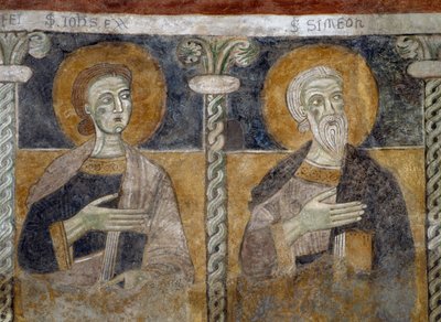 San Juan Evangelista y San Simeón, detalle de fresco del siglo XII en la Basílica de los Santos Sisino, Martirio y Alejandro, San Zeno di Trento, Trentino-Alto Adige, Italia de Unknown artist