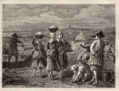Salina en Bretaña - Paludiers y sauniers en Bretaña (Francia), marismas salinas - grabado en 