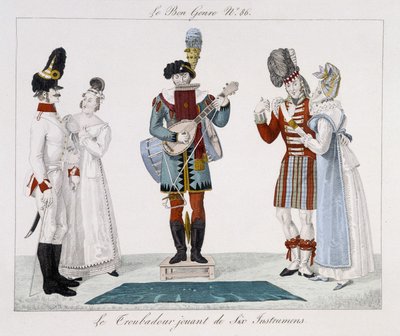 Saltimbanquis: El trovador tocando seis instrumentos - en “Le bon genre”, principios del siglo XIX de Unknown artist