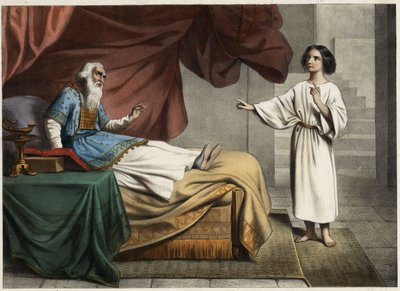 Samuel, que escucha la voz del Señor llamándolo en medio de la noche, piensa que es su mentor el sumo sacerdote Elí. Grabado anónimo de mediados del siglo XIX de Unknown artist
