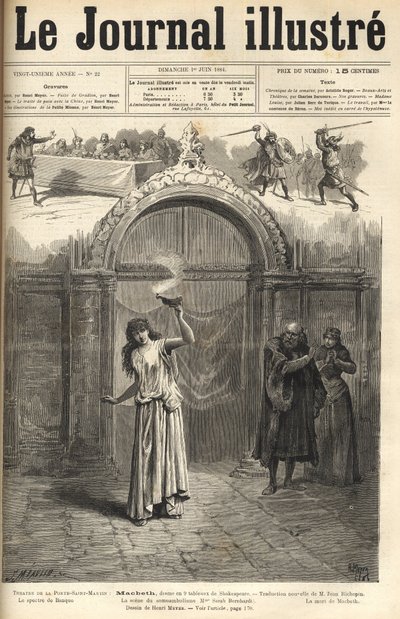 Sarah Bernhardt: Lady Macbeth en "Macbeth", drama de Shakespeare, adaptado por Jean Richepin - Teatro de la Porte Saint-Martin - grabado en "Le journal illustré" de 1884 de Unknown artist