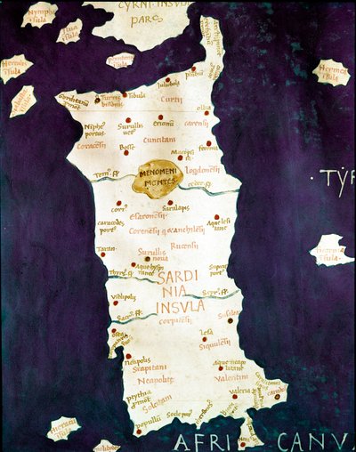 Cerdeña (Sardegna). (Detalle) de un mapa geográfico que acompaña la “Cosmographia” de Claudio Ptolomeo (siglo II d.C.), finales del siglo XV Nápoles, Biblioteca dei Gerolamini de Unknown artist
