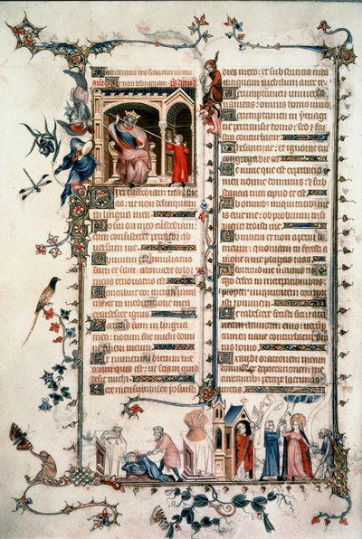 Saúl amenazando a David, Caín matando a Abel, Alegorías de la Eucaristía y la Caridad. Breviario de Belleville. 1323-1326. Ms. Lat. 10483 fol.24v. de Unknown artist