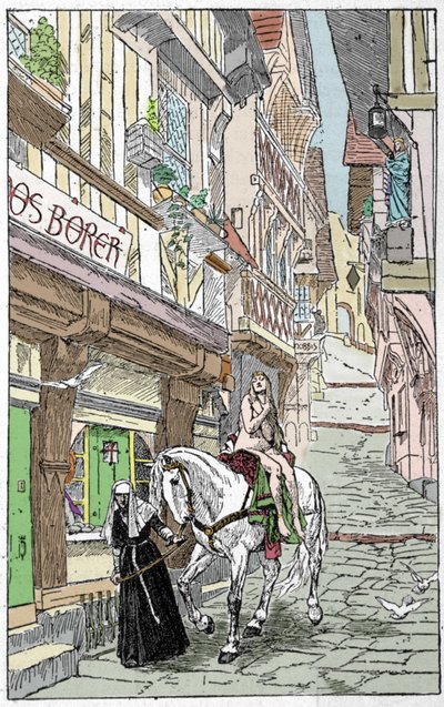 Leyenda sajona: Godiva (Lady Godiva o Godgifu), una mujer sajona que, a principios del año 1000, cruzó desnuda a caballo las calles de Coventry en Inglaterra, para convencer a su esposo de reducir los impuestos que imponía para financiar su campaña militar de Unknown artist