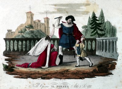 Escena 8 del Acto V de “Il pirata” (El pirata) de Vincenzo Bellini. Grabado coloreado de 1827. Primera representación en el teatro alla Scala de Unknown artist