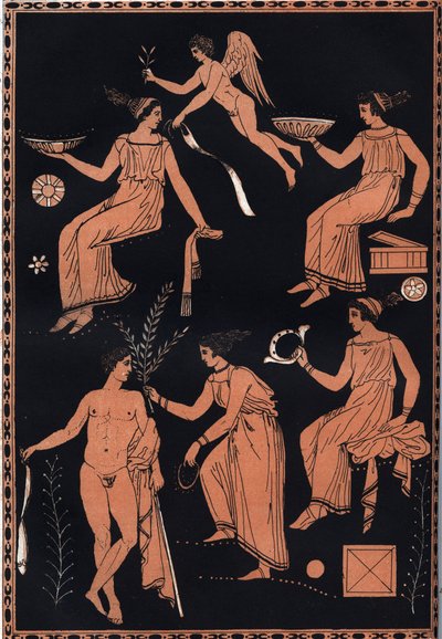 Escena de culto de los Misterios de Eleusis - culto de Deméter y Perséfone basado en Eleusis en la antigua Grecia - grabado de "Usi e Costumi di Tutti i Popoli dell