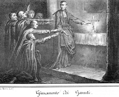 Escena que representa a jesuitas tomando juramento. Grabado de finales del siglo XIX de Unknown artist