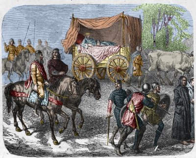 Escena que representa a los reyes perezosos: el Rey de Francia Thierry III (673-691) llevado en un tanque con una cama tirada por bueyes. de Unknown artist