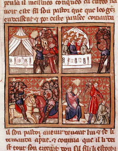 Escena de confrontación entre dos campamentos enemigos, una ejecución en la parte inferior derecha. Página de un manuscrito del siglo XIV. Biblioteca Marciana, Venecia de Unknown artist