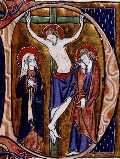 Escena de crucifixión en una cabecera (letra D). Miniatura en 