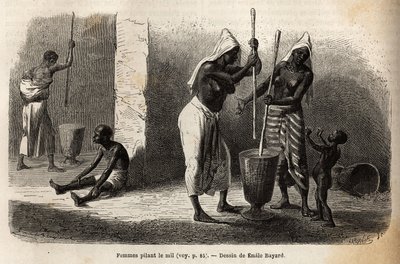 Escena de la vida cotidiana: mujeres moliendo mijo, en Sekou (Níger), rodeadas de niños. Grabado para ilustrar el viaje al Sudán Occidental del Teniente (Marina) M.Mage, en 1863-1866, publicado en "Le tour du monde, nouveau journal des voyages", bajo la di de Unknown artist
