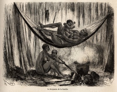 Escena de la vida familiar de los indios Yahuas de la misión de San José (Perú), el hombre juega con su hijo en una hamaca, mientras la esposa y el niño preparan tallos de palma chambira, destinados a hacer hamacas-redes en las que los Yahuas sobresalen. G de Unknown artist